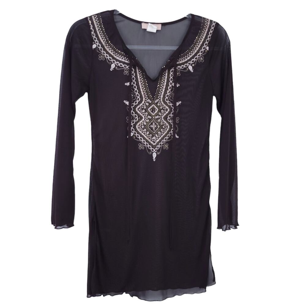 Obe Semisheer Embellished Long Sleeve Blouse, Swimsuit Coverup, Brown, Beige